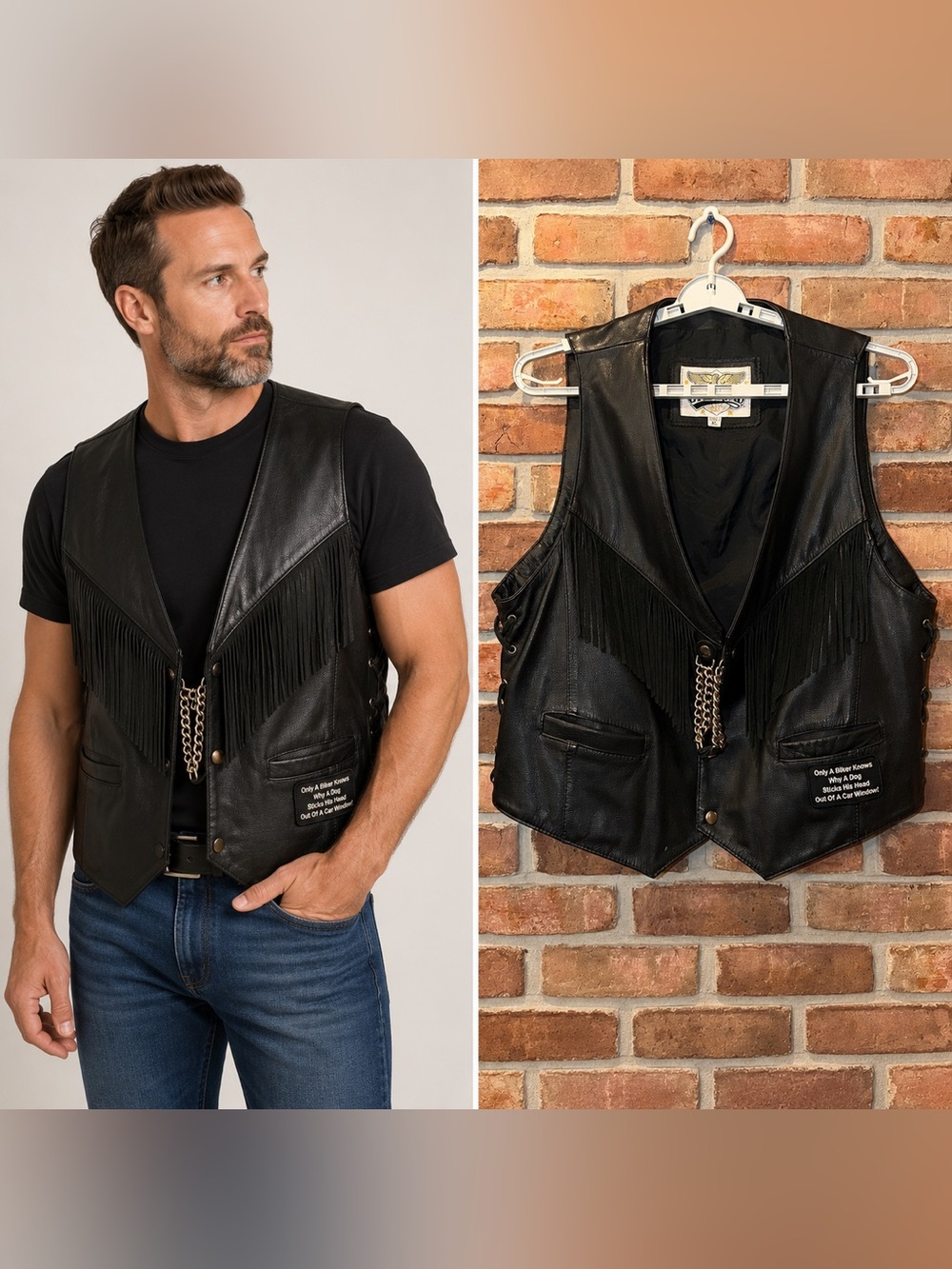 Open Road Men’s Black Genuine Leather Fringe Biker Vest Size XL